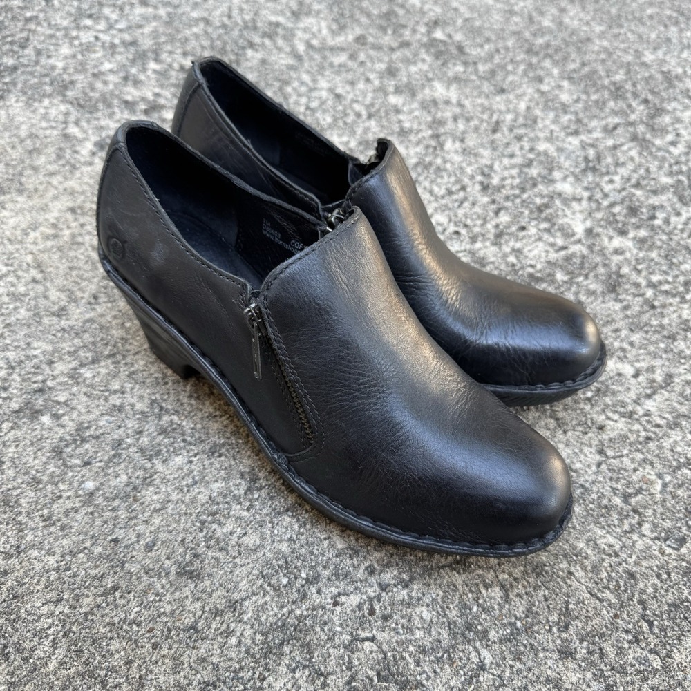Born Black Leather Clog Booties Women 7 M Wedge Heel Zip Up
